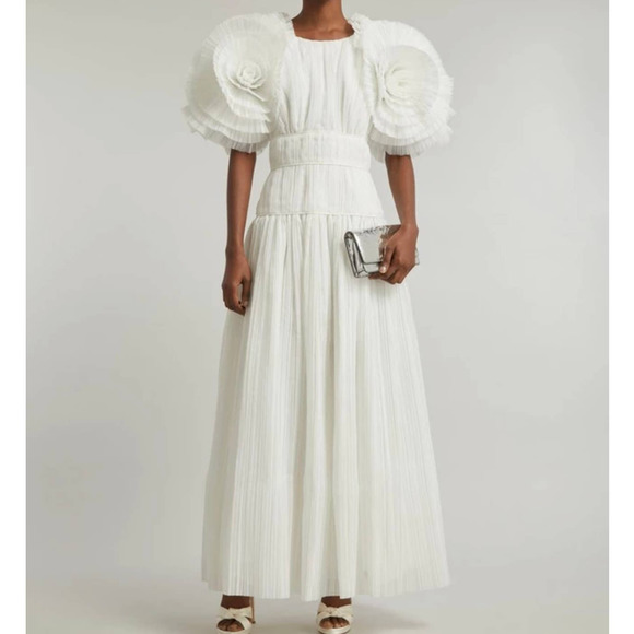 Aje. Dress Gown Expressive Pleated Maxi Dress Wedding Bride Puff Sleeve White 4 - Picture 3 of 14